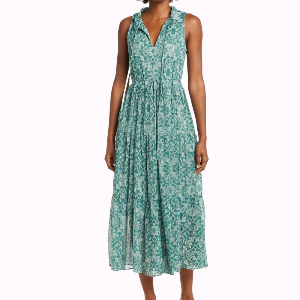 NWT Calvin Klein Sequoia Printed Sleeveless Tie Ruffle Mock V-Neck Chiffon Dress